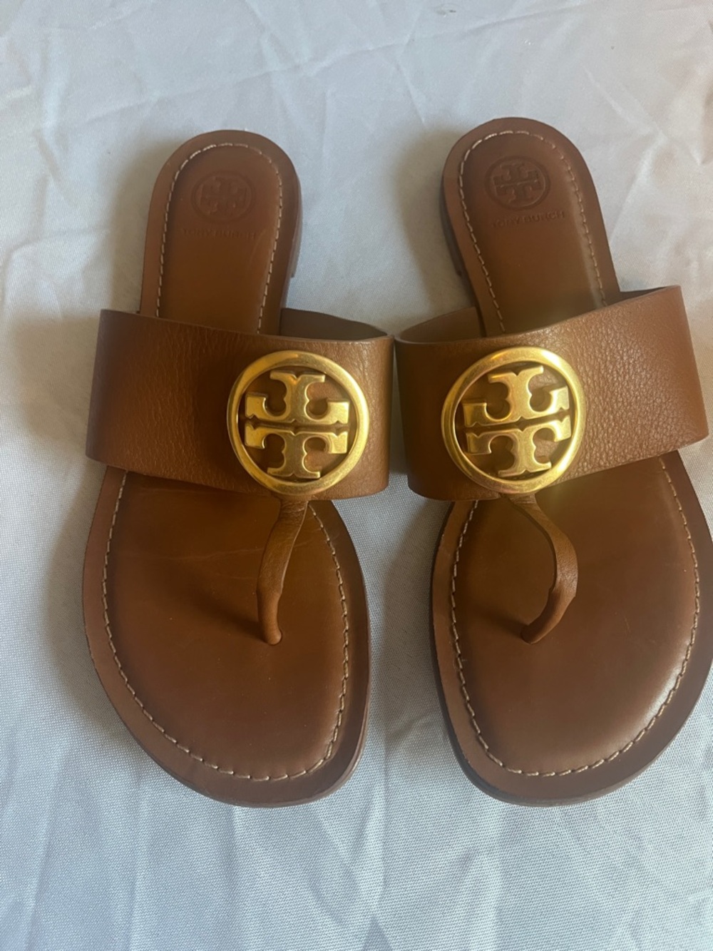Tory Burch Brown Leather Sandals with Gold Logo Medallion
